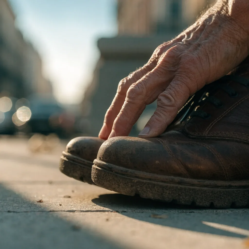 Mano sujetando un zapato de paseo por el talón a contraluz de mañana, con la suela gastada a la vista