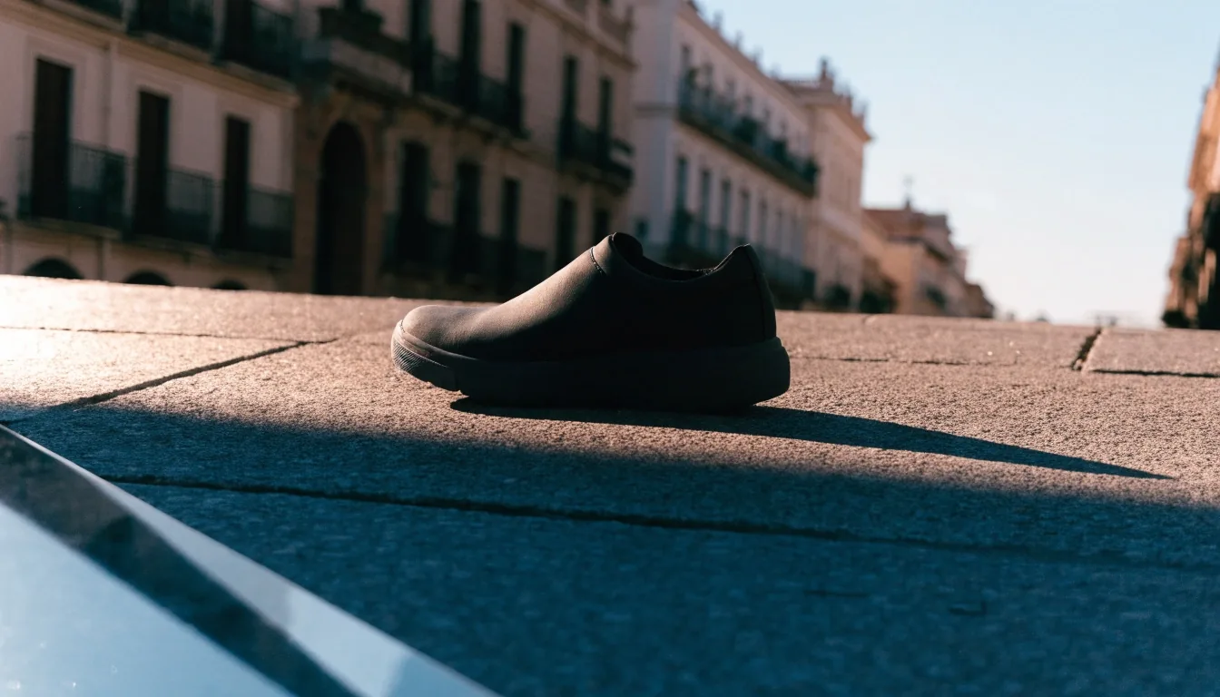 Acera madrileña temprano, con una sombra larga cruzando el pavimento y sin viandantes