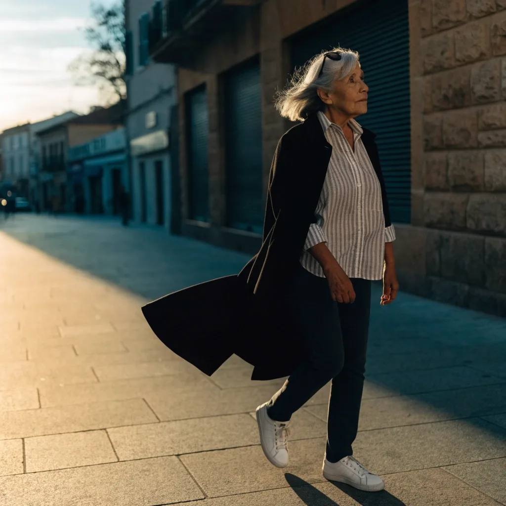 Suela de un zapato de paseo entrando en la acera de una calle española al amanecer